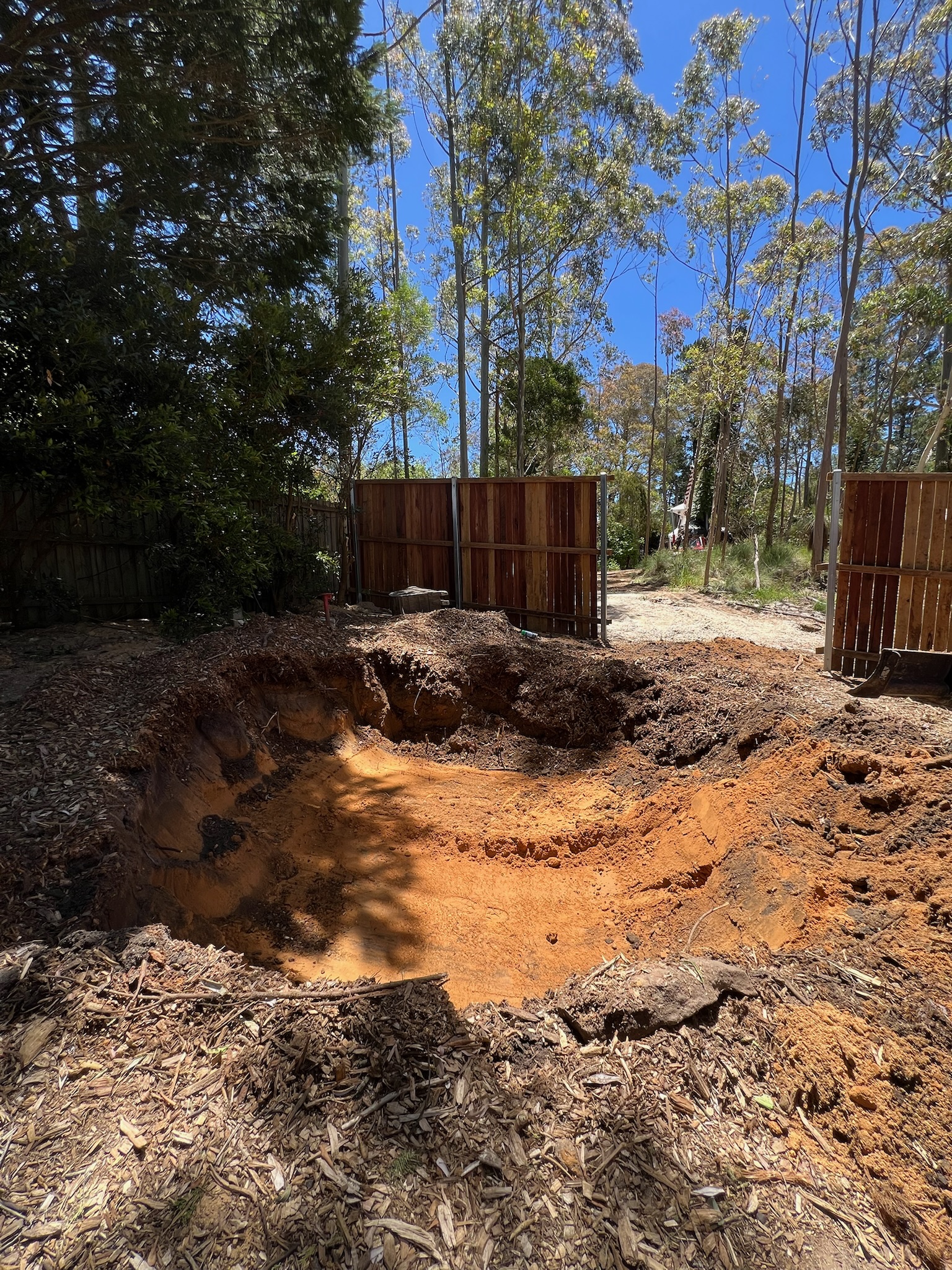 Excavated area for tree relocation surrounded by natural landscape, highlighting professional tree transplanting services in Sydney's Blackheath area.
