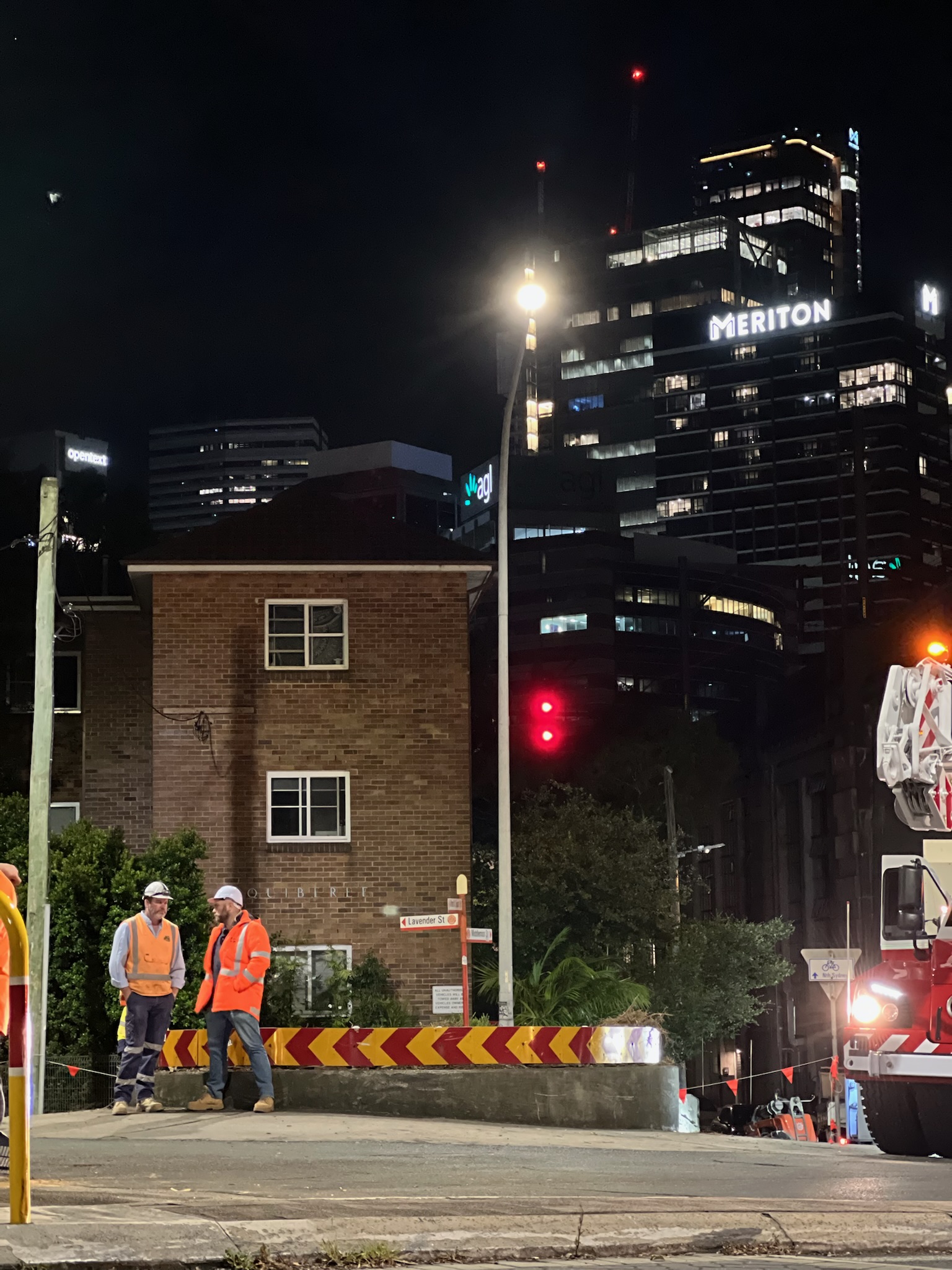 Two construction workers in safety gear discussing tree relocation services at night in North Sydney, with city buildings illuminated in the background.